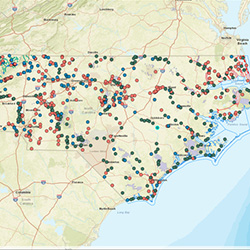 Maps Access link. Image depicts one of the maps of North Carolina with colored dots showing points of interest