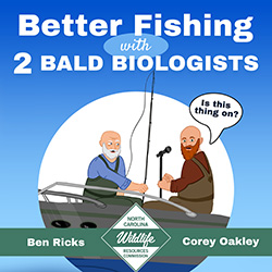 Podcast link. Listen and Subscribe. Graphic depicts two bald biologists in a boat with a microphone. The speech bubble says is this thing on?