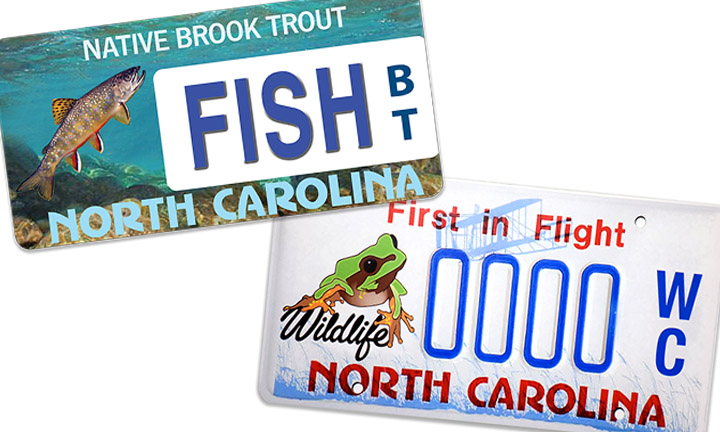 graphic depicts the brook trout and pine barrens tree frog license plates: the brook trout is underwater moving up towards the surface and the pine barrens tree frog plate is hovering over the Wildlife logo and looking towards the license plate numbers